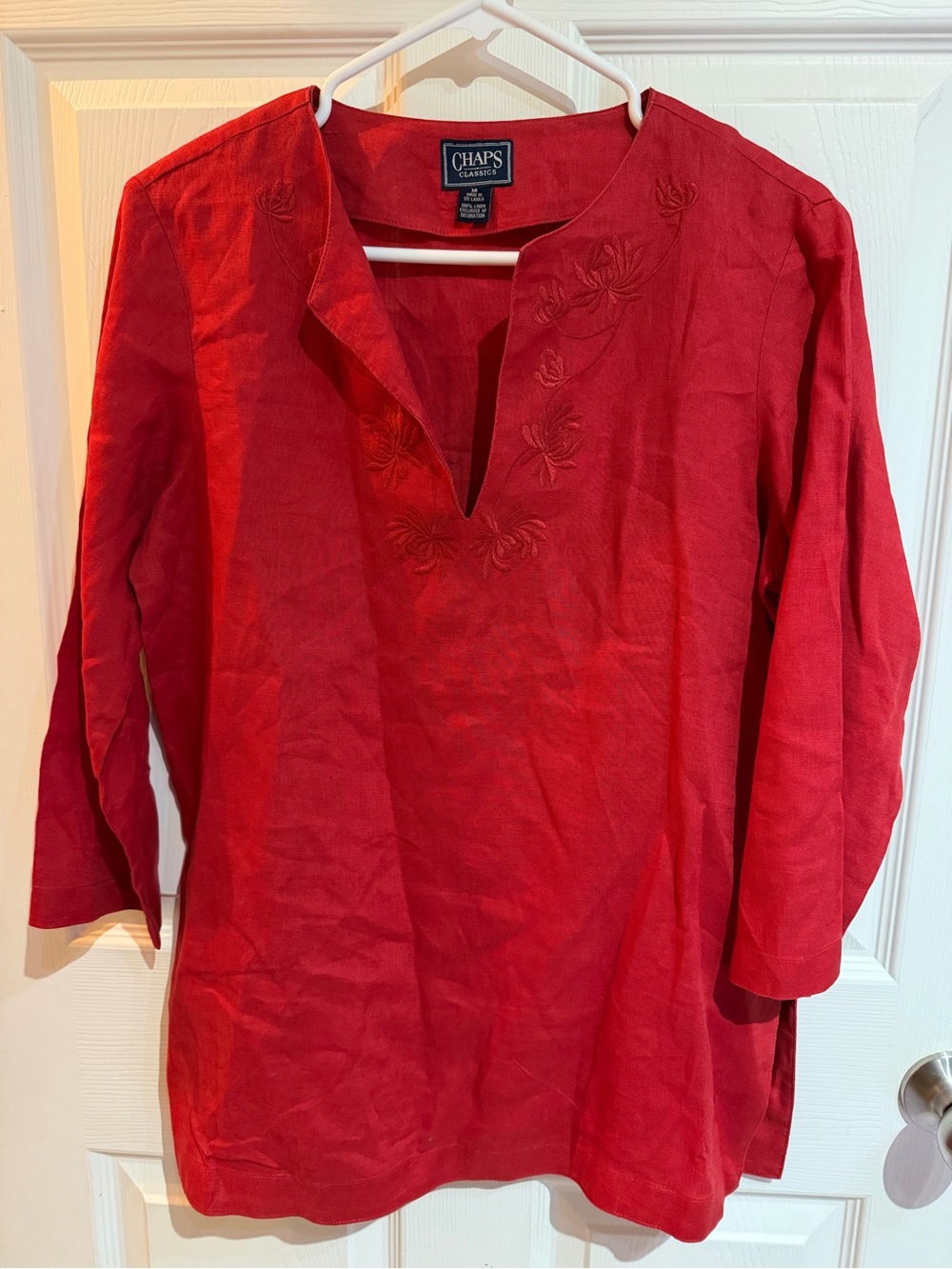 Vintage Chaps Classics Red 100% Linen Embroidered Tunic Top